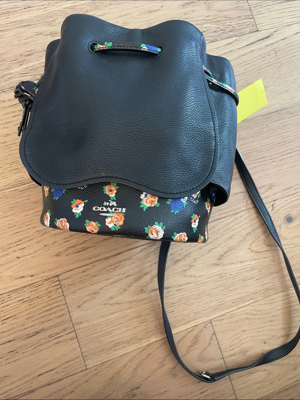 Coach Limited Edition Floral Print Pebbled Leather Bucket Bag Crossbody Black